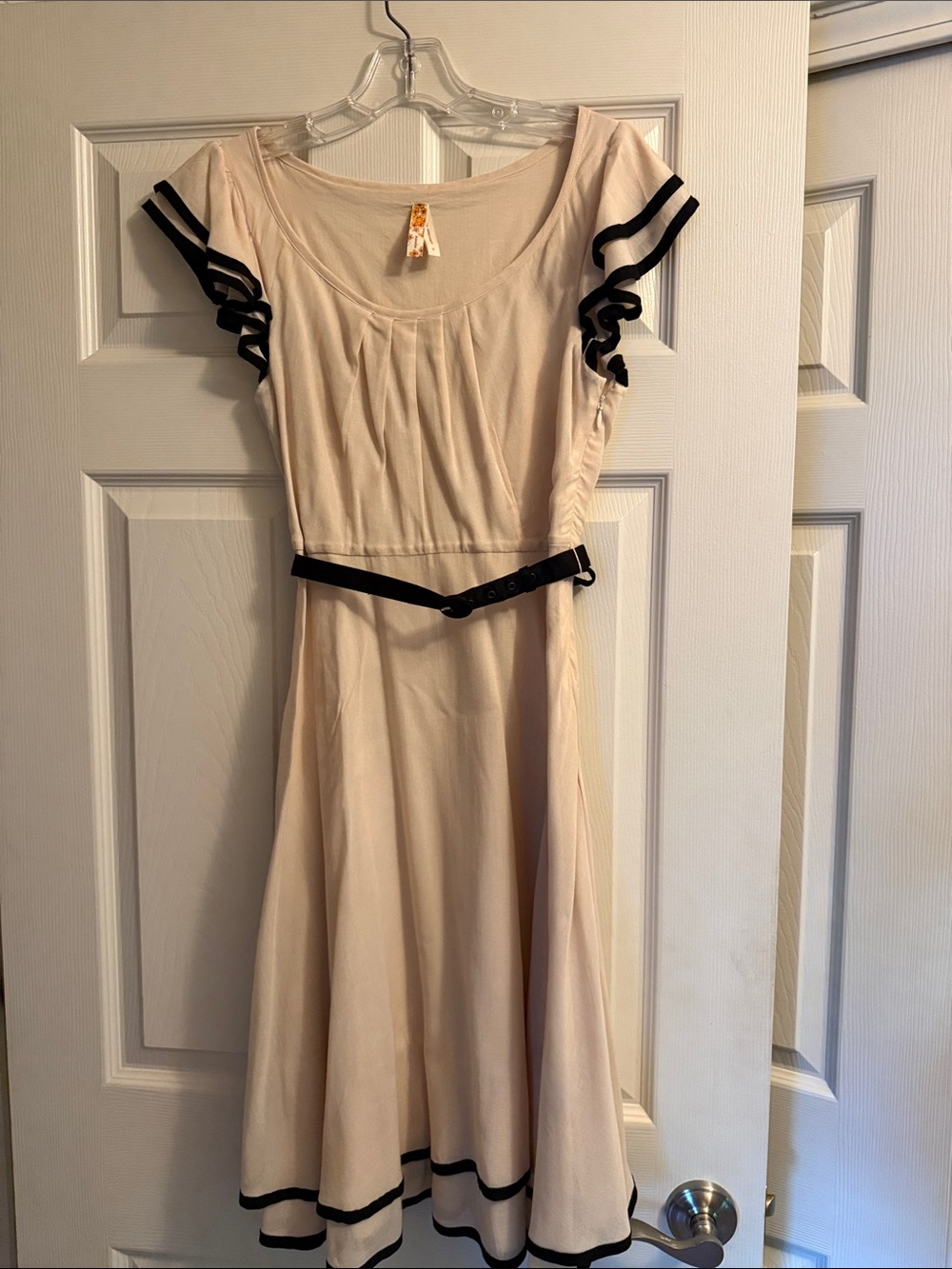 Maeve Cream A-Line Dress with Black Trim and Belt Detail